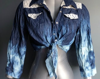 Reverse tie dye, bleached, ombre denim looking crop top with lace accents