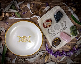 Triple Goddess Pentagram Wiccan Jewelry Dish AND Crystals Gift Set