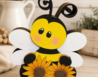 Handmade Wooden Bee Shelf Sitter with Sunflowers | Farmhouse Spring Summer Decor