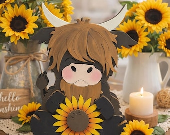 Sunflower Highland cow shelf sitter