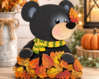 Handmade Wooden Bear Shelf Sitter, Autumn Leaves, Rustic Fall Decor