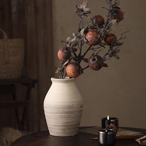 Dried Look Faux 7 Head Pomegranate Fruit Branch. 35&quot; Tall. Realistic. High Quality. Large Fruit. Farmhouse. Fall Decor. Christmas. Holiday