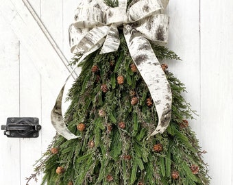 One of A Kind. Real Touch Norfolk Pine and Cedar Sprig Christmas Tree Swag Wreath. Handmade. Rustic. Christmas. Holiday. White Birch. Door