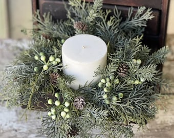 Siberian Cypress Candle Ring | 11&quot; | Berry Wreath. Home Decor. Farmhouse. Mini Wreath. Candle Wreath. Holiday. Christmas. Frosted. Pinecones