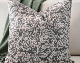 Block Printed Floral Pillow Cover: Cotton Linen Blend, Green / Beige / Grayish Green - 20x20 - Throw Pillow Cover