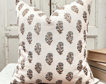 Floral Block Printed Cotton Linen Pillow Cover: Off White with Blue Orange Rust Colored Flowers, 20x20