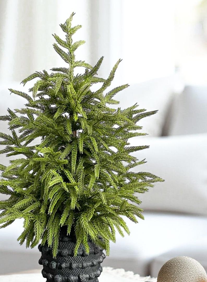 K&ouml;nnte beinhalten: Ein kleiner, k&uuml;nstlicher Weihnachtsbaum in einem dekorativen schwarzen Topf. Der Baum hat leuchtend gr&uuml;ne, nadelf&ouml;rmige Bl&auml;tter und eine konische Form. Der Topf hat eine strukturierte Oberfl&auml;che. Ein dekoratives Element f&uuml;r Innenr&auml;ume.