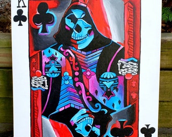 16x20 Skull King Of Clubs acrylic painting on canvas panel