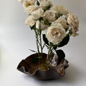 Handmade Ikebana Vase – Matte Dark Brown with Glossy Interior – Metal Flower Frog Included – 9"