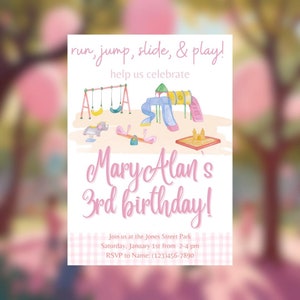 Playground Birthday Party Invitation Park Party in the Park Invitation Run Jump Slide Play Party Pink Watercolor Playground Invite Digital