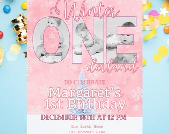 Invitación para fiesta de primer cumpleaños de Onederland de invierno Invitación para fiesta de primer cumpleaños de Onederland rosa Invitación para fiesta de Winter Wonderland Cumpleaños de invierno para niñas