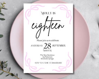 May include: A white invitation card with pink decorative swirls. The text reads "Molly is eighteen" and includes details for a party on 28 September at 5:00 PM. The address is The Ross Residence, r23 Party Lane, Savannah, Georgia. RSVP to Cassie at 888.888.8888.