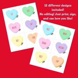 May include: Twelve printable Valentine's Day cards featuring heart-shaped candy with slang words like "Lit", "Sus", "Bestie", "Bet", "Cap", "Rizz", "Fire", "Sigma", "Yeet", "Bussin'" and "Bruh".