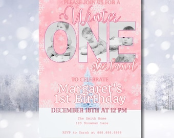 Invitación para fiesta de Onederland de invierno Invitación para primer cumpleaños de Onederland rosa Invitación editable para fiesta de cumpleaños de invierno de niñas