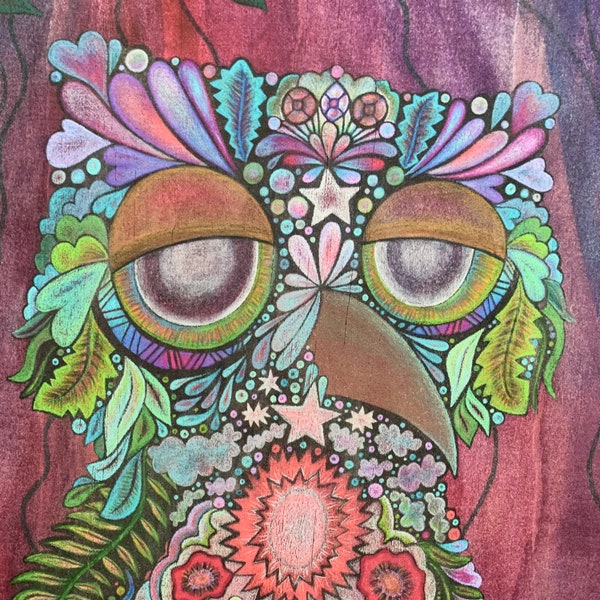 Owl art print, 16x19, Spirit Owl, whimsical owl, Jill H Marble, floral owl, colorful owl, magenta, teal, blue, flower owl, mystical, magical