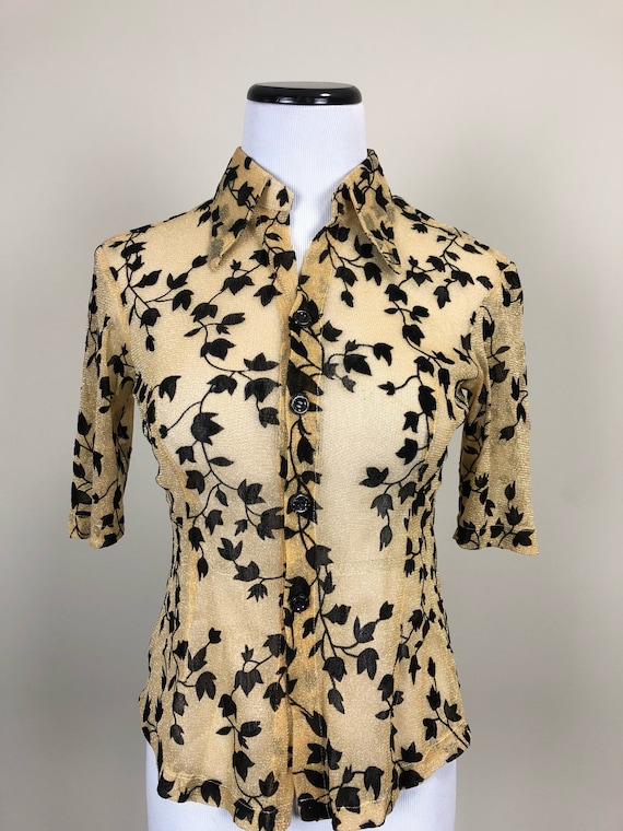 60’s Gold Lurex with Velvet Floral Pattern Blouse