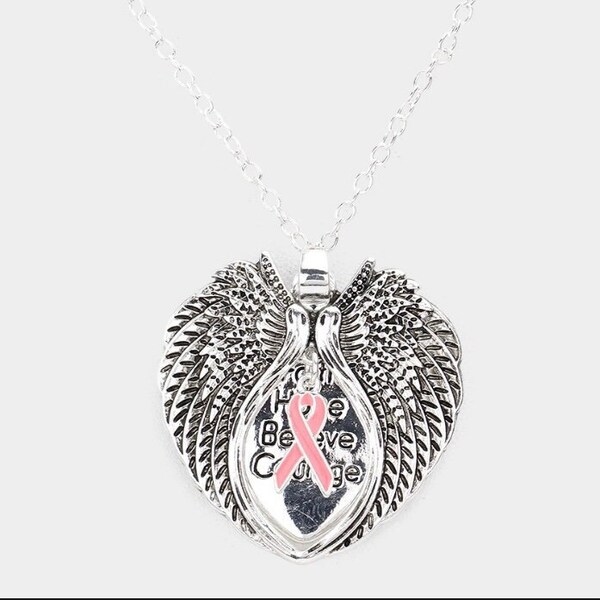 Pink Ribbon Angel Wing Silver Necklace