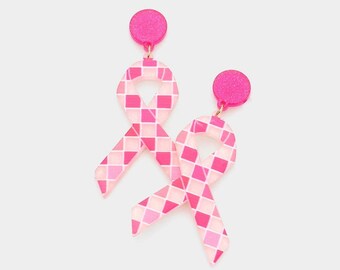 Pink Ribbon Checkered Earrings