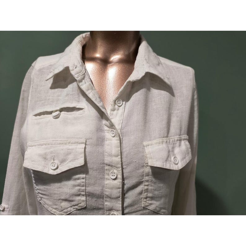 Free People White Linen Blend Roll Tab Sleeve Button Down Shirt/Jacket Small S/P image 3