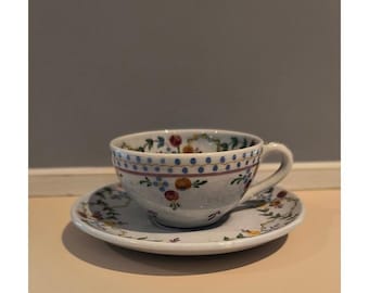 Vintage Hand Painted Portuguese Ceramic Tea Cup and Saucer Floral Blue Yellow