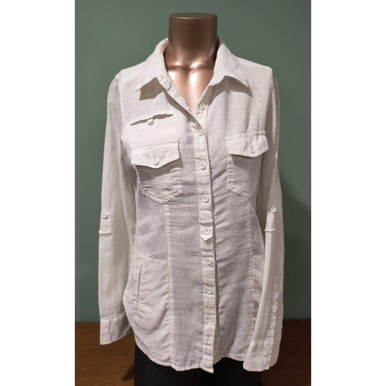 Free People White Linen Blend Roll Tab Sleeve Button Down Shirt/Jacket Small S/P image 1