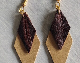 Double Diamond Shaped Leather Earrings, Brown & Tan with Gold Hardware
