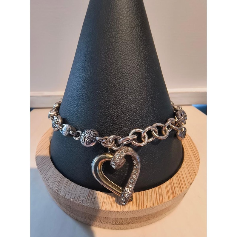 Brighton Silver Gold Heart Charm Bracelet Crystal Scrollwork Two Tone 8 Inch Bild 1