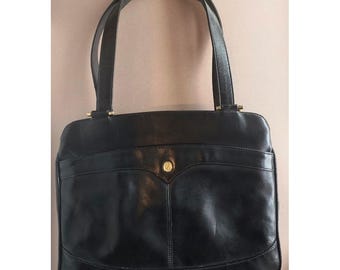 Lou Taylor Vintage Black Leather Shoulder Bag Gold Logo Coin Purse Mirror