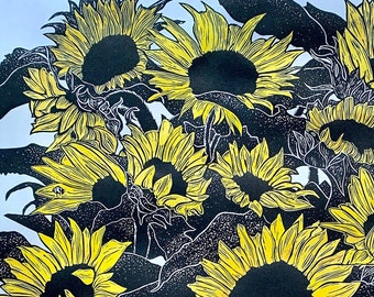 Sunflowers, Original Linocut Print with hand colouring, limited edition