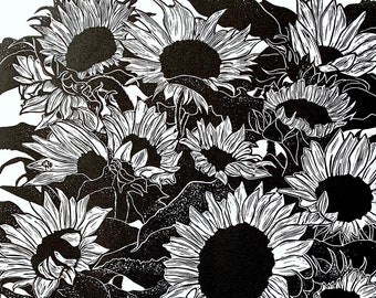 Sunflowers b/w, original linocut print, handprinted