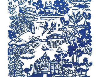 Blue Willow Australia, original linocut print