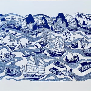 Floating Boats & Dragons, Original Handcarved Linocut Print, Phthalo Blue Limited Edition.