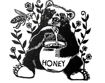 Honey Bear, A5 Original Linocut Print