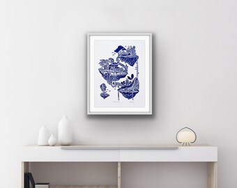 Original Linoprint ‘Faraway Lands’ | DIGITAL DOWNLOAD | Blockprint Style | Printable Art