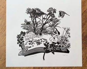 Immersive Reading, Original Handcarved Linocut print, Black