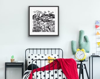 Original Linoprint ‘The Land of Milk and Honey’ | DIGITAL DOWNLOAD | Blockprint Style | Printable Art