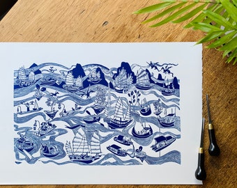 Floating Boats & Dragons, Original Handcarved Linocut Print, Phthalo Blue Limited Edition.