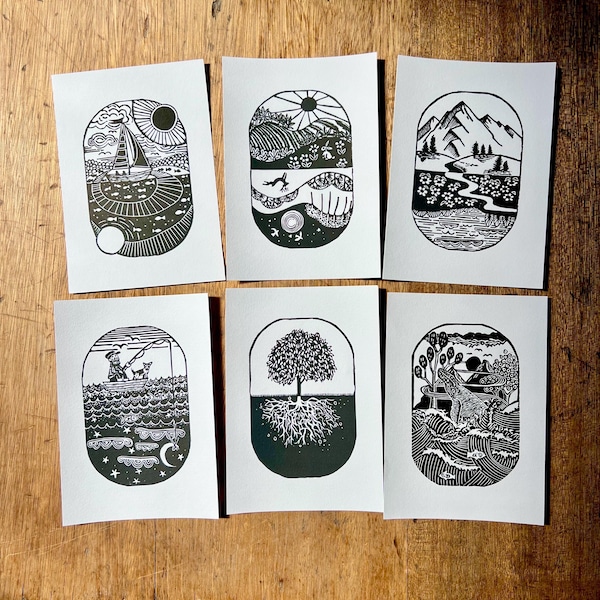 Impresión de portal, impresión original en linóleo A5