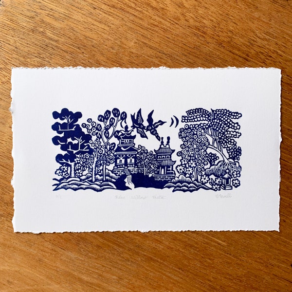 Blue Willow Vista, original linocut print