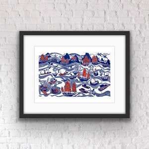 Linograbado original «Barcos flotantes y dragones» / DESCARGA DIGITAL / Estilo Blockprint / Arte imprimible