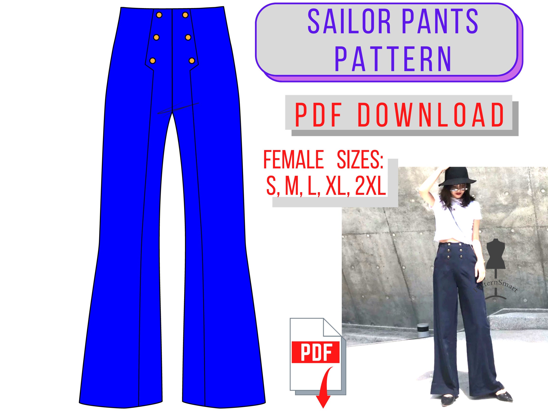 Sailor Pants Female PATTERN PDF Download Sew Diy Ice | Etsy
