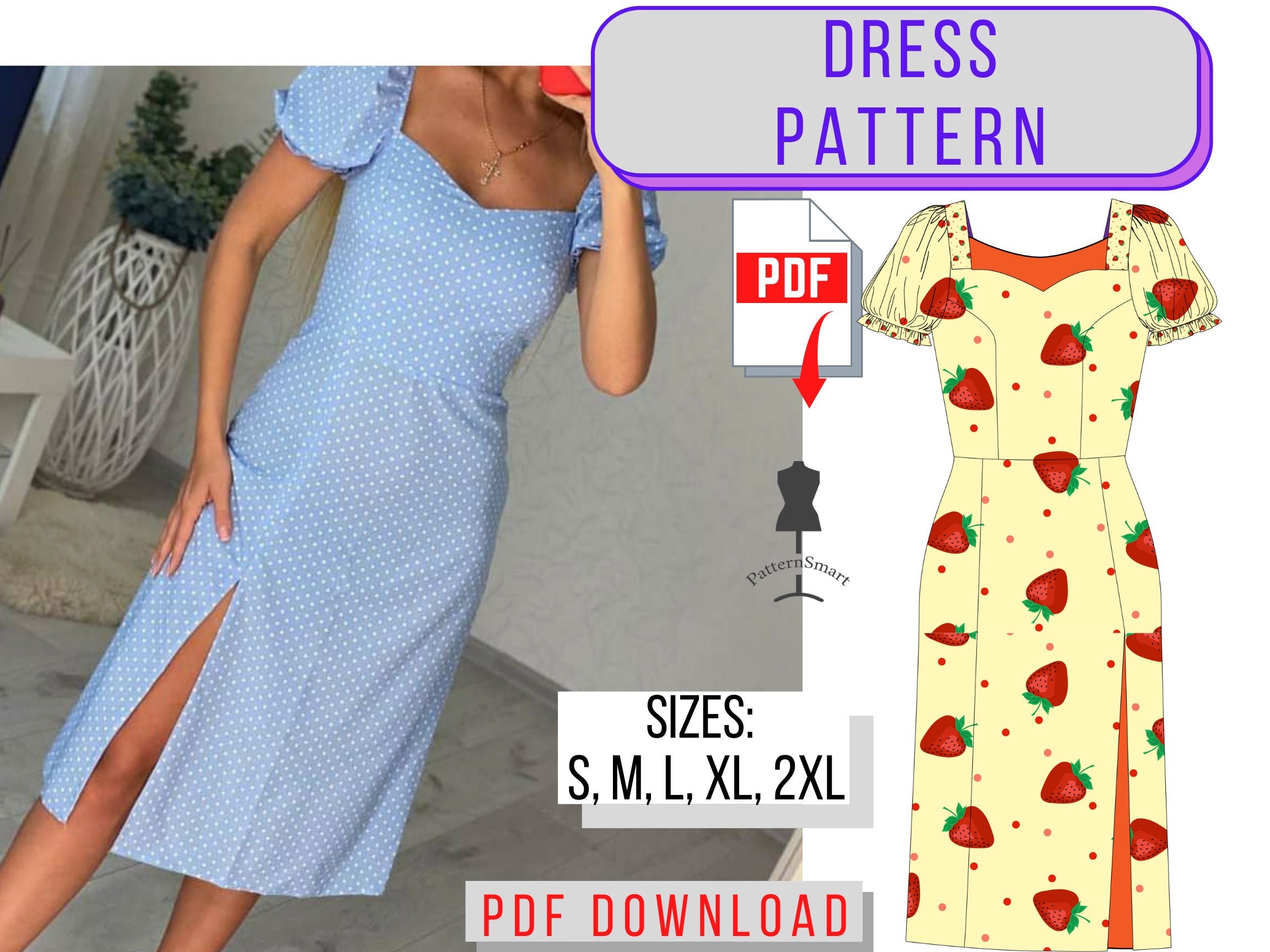 Dress with Puffed Sleeves Pattern PDF download sew Puffy Etsy