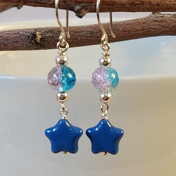 girl's earring with blue puff star dangle, colorful dangle earring, bright crackle bead with star drop earring sparkly hand made earring