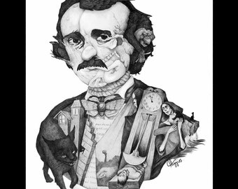 Edgar Allan Poe Print  11x14 Illustration Halloween Horror, Edgar Allan Poe Art, Halloween Art, Mystery Macabre