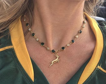Emerald Green Crystal Choker with Bokke Antelope Charm | South African-Inspired Necklace