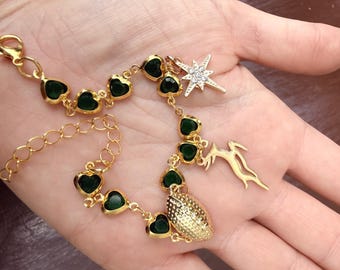 Green Heart Charm Bracelet with Antelope, Rugby Ball & Star | South African-Inspired Gift