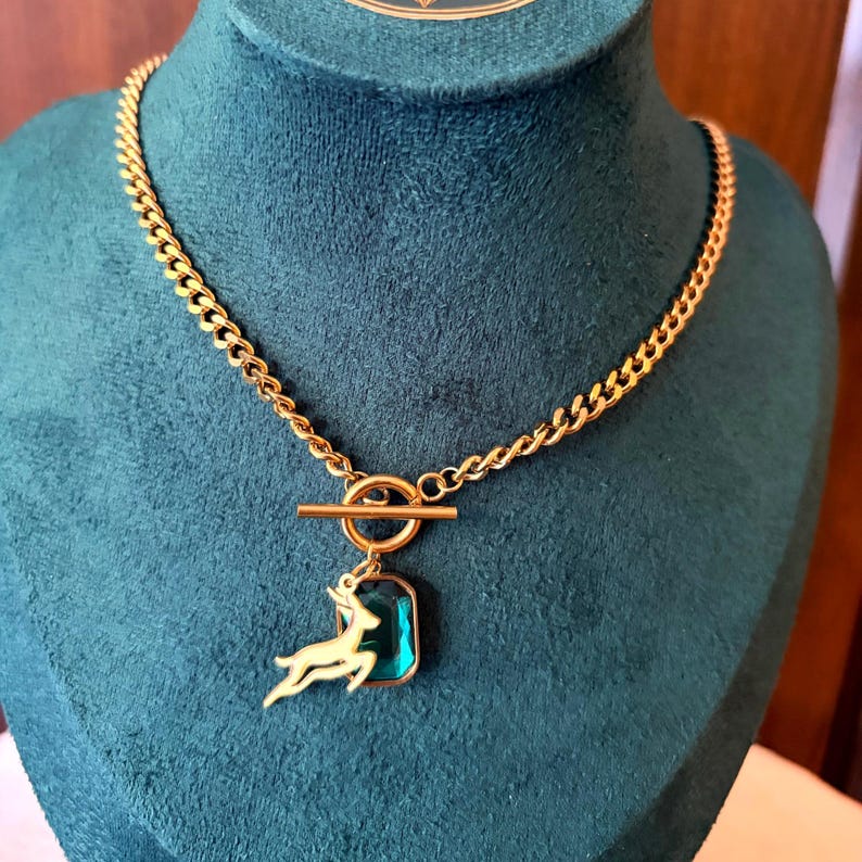 Emerald Green Crystal & Bokke Antelope Toggle Necklace | 18-Inch Gold-Coloured Curb Chain | South African-Inspired Gift image 1
