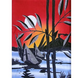 May include: A batik painting depicting a sunset over a body of water with two boats and a mountain in the background. The painting is done in shades of red, orange, yellow, blue, and black.