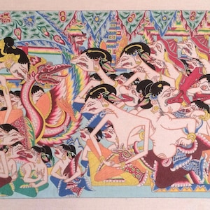 May include: A colorful illustration depicting a scene with multiple figures in traditional attire. The artwork features a vibrant palette of blues, reds, yellows, and greens, with intricate details and patterns. The figures appear to be engaged in a dynamic interaction.