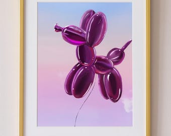 May include: A framed wall art print featuring a glossy, dark purple balloon animal shaped like a dog. The balloon dog is centered against a soft, gradient background that transitions from light blue at the top to a pale pink at the bottom.